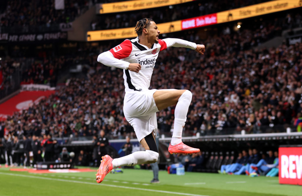 Hugo Ekitike celebrates after scoring in a Bundesliga game between Eintracht Frankfurt and Vfl Bochum.