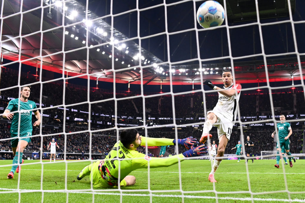 Hugo Ekitike scores a goal in the Bundesliga for Eintracht Frankfurt.