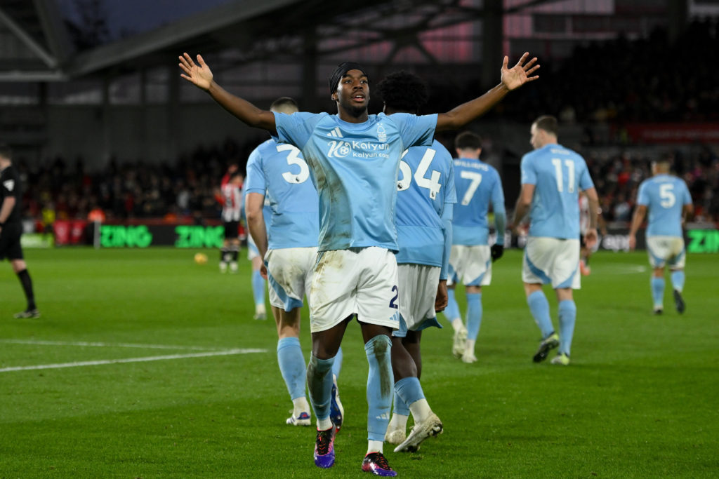 Anthony Elanga celebrates scoring a goal for Nottingham Forest against Brentford in the Premier League.