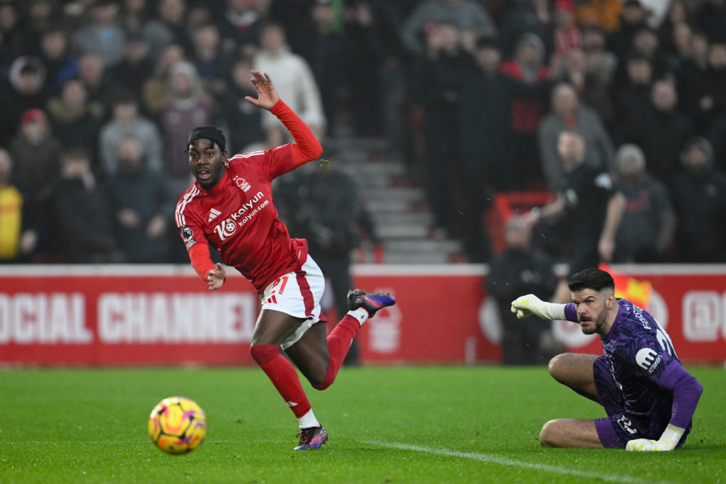 Anthony Elanga scores a goal for Nottingham Forest against Tottenham Hotspur in the Premier League.