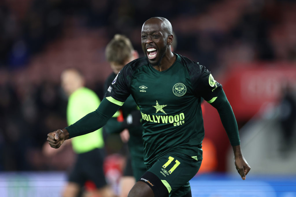 Yoane Wissa celebrates scoring a goal in a Premier League game between Southampton and Brentford FC.