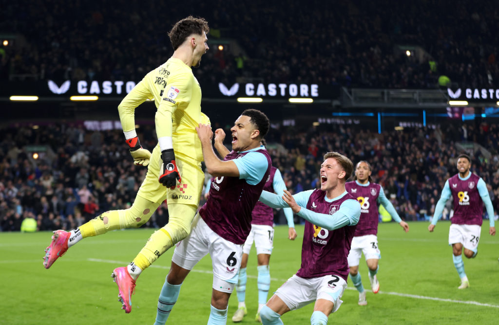 James Trafford celebrates after saving a penalty in a Championship game between Burnley and Sunderland.