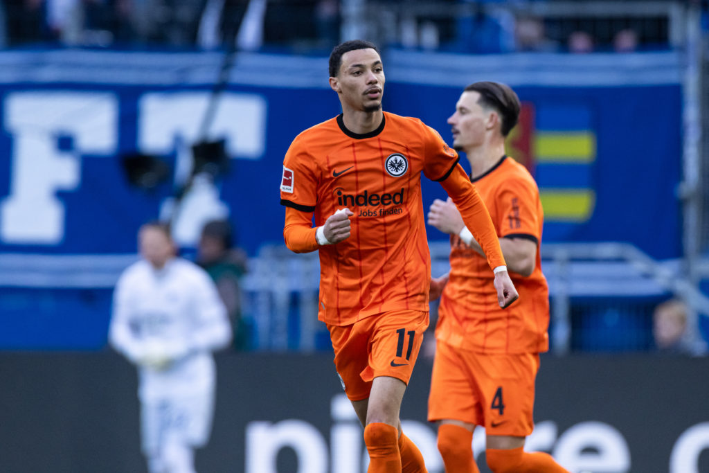 Hugo Ekitike celebrates scoring a goal in the Bundesliga for Eintracht Frankfurt.