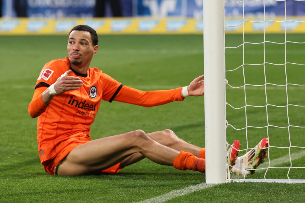 Hugo Ekitike reacts during a Bundesliga game for Eintracht Frankfurt.
