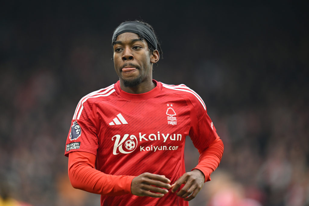 Anthony Elanga playing for Nottingham Forest against Brighton.