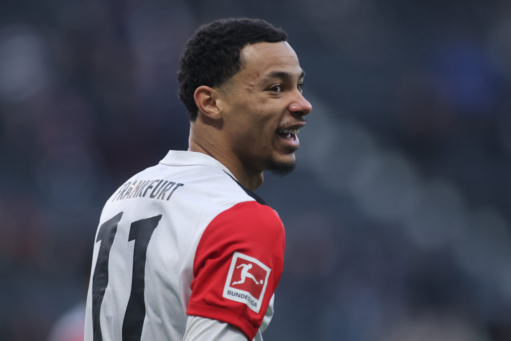 Hugo Ekitike playing for Eintracht Frankfurt against Wolfsburg in the Bundesliga.
