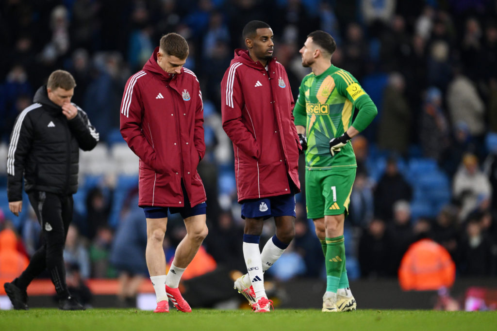 Alexanader Isak, Harvey Barnes and Martin Dubravka look disappointed after Newcastle United's loss to Manchester City.
