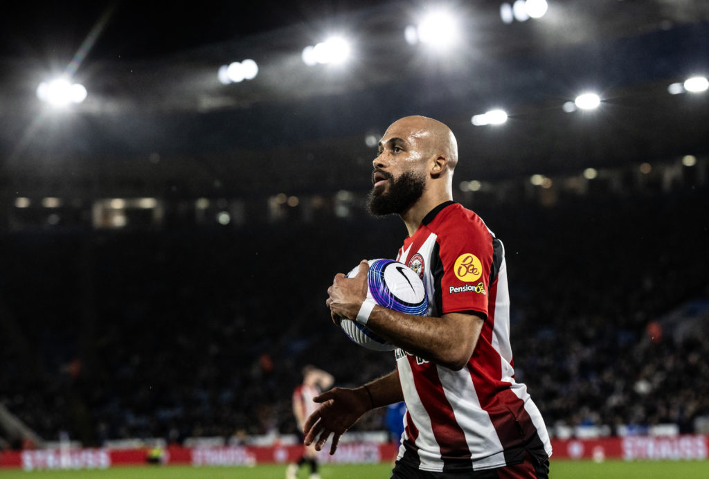 Bryan Mbeumo has the ball in his hand ahead of taking a set piece for Brentford against Leicester City.