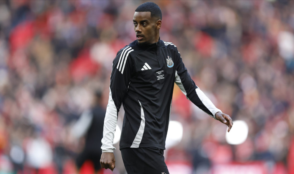 Alexander Isak warms up ahead of the Carabao Cup final between Newcastle United and Liverpool.