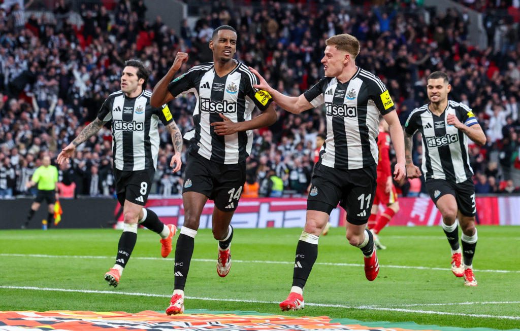 Alexander Isak celebrates scoring for Newcastle United against Liverpool in the Carabao Cup final at Wembley.