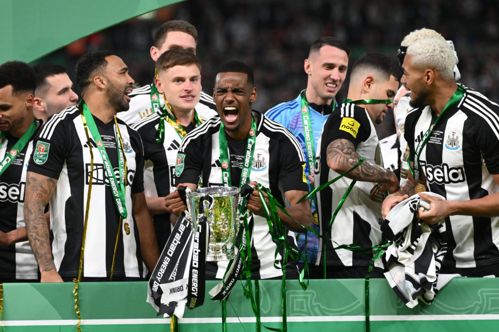Alexander Isak is pictured celebrating Newcastle United's Carabao Cup win.
