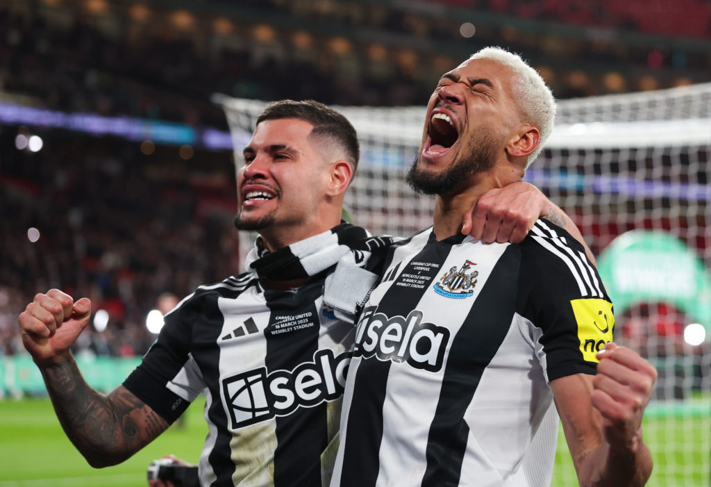 Bruno Guimaraes and Joelinton celebrate after winning the Carabao Cup with Newastle United.
