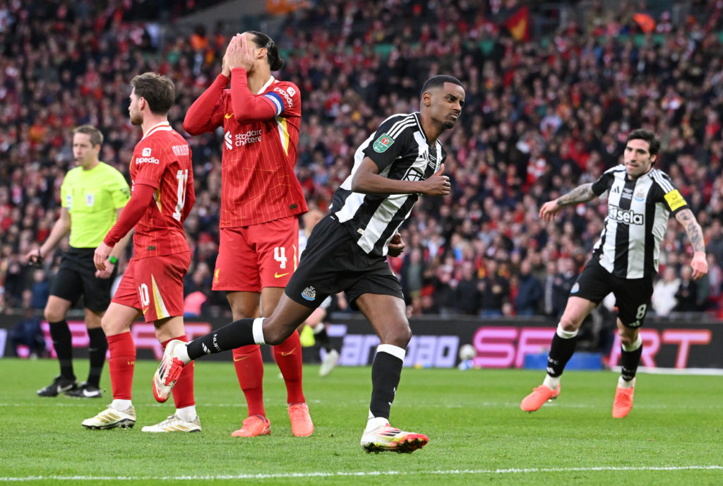 Alexander Isak celebrates scoring for Newcastle United against Liverpool in the Carabao Cup final.