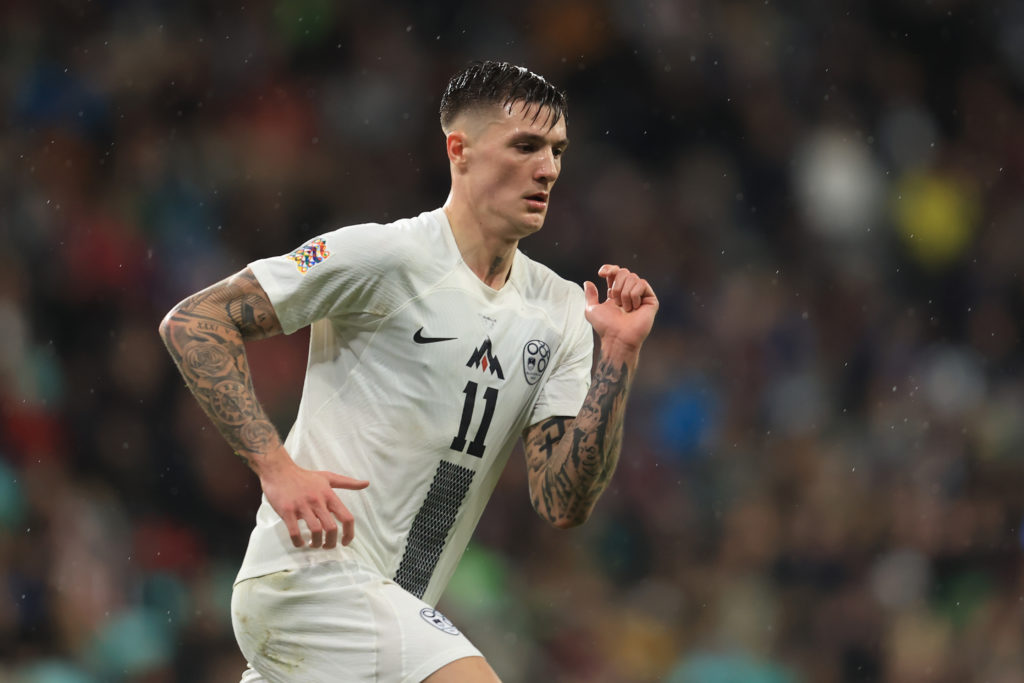 Benjamin Sesko playing in a Nations League game for Slovenia against Slovakia.