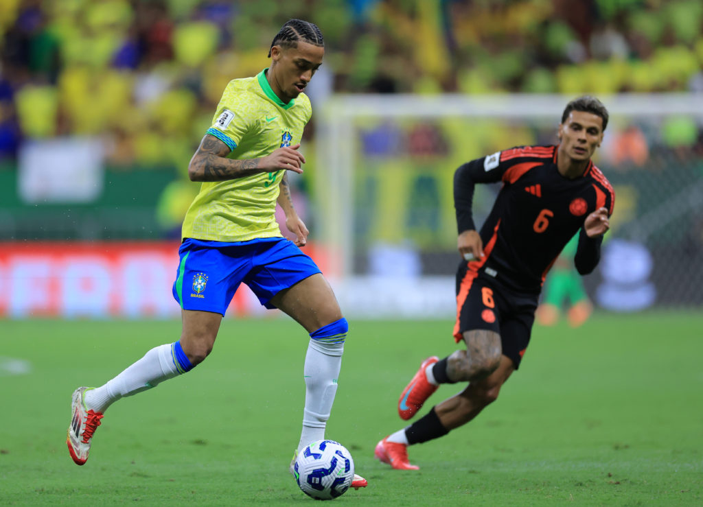 Joao Pedro playing for Brazil in a World Cup qualifier against Colombia.