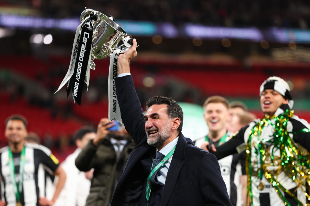 Yasir Al-Rumayyan celebrates after Newcastle United win the Carabao Cup.