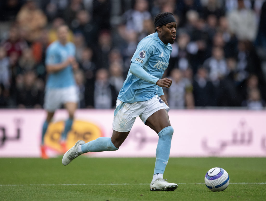 Anthony Elanga runs with the ball during a Premier League game between Newcastle United and Nottingham Forest.