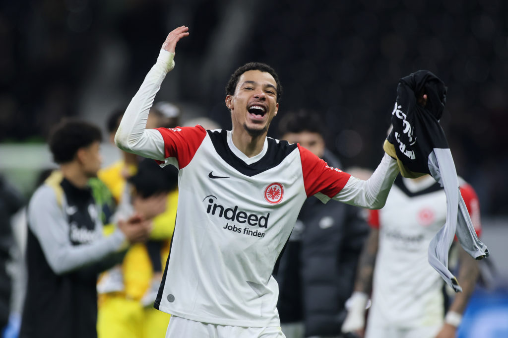 Hugo Ekitike celebrates after an Eintracht Frankfurt win in the Bundesliga.