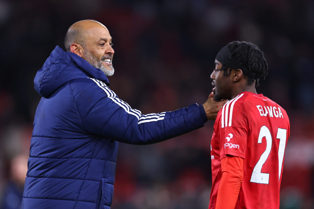 Anthony Elanga embraces Nottingham Forest manager Nuno Espirito Santo.