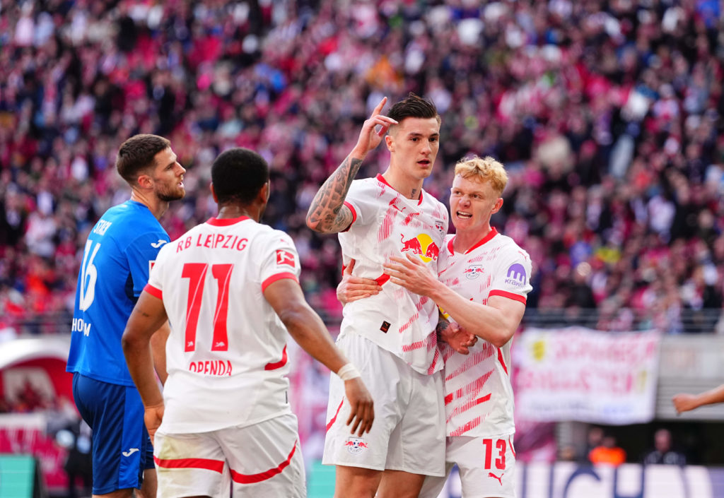 Benjamin Sesko celebrates his goal against Hoffenheim for RB Leipzig.