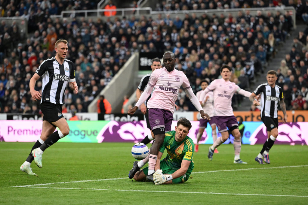 Yoane Wissa wins a penalty for Brentford against Newcastle United.
