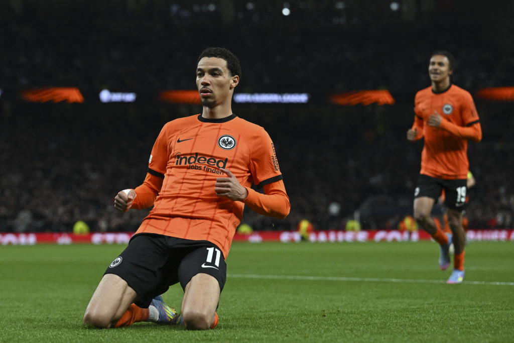 Hugo Ekitike celebrates scoring a goal for Eintracht Frankfurt against Spurs in the Europa League.