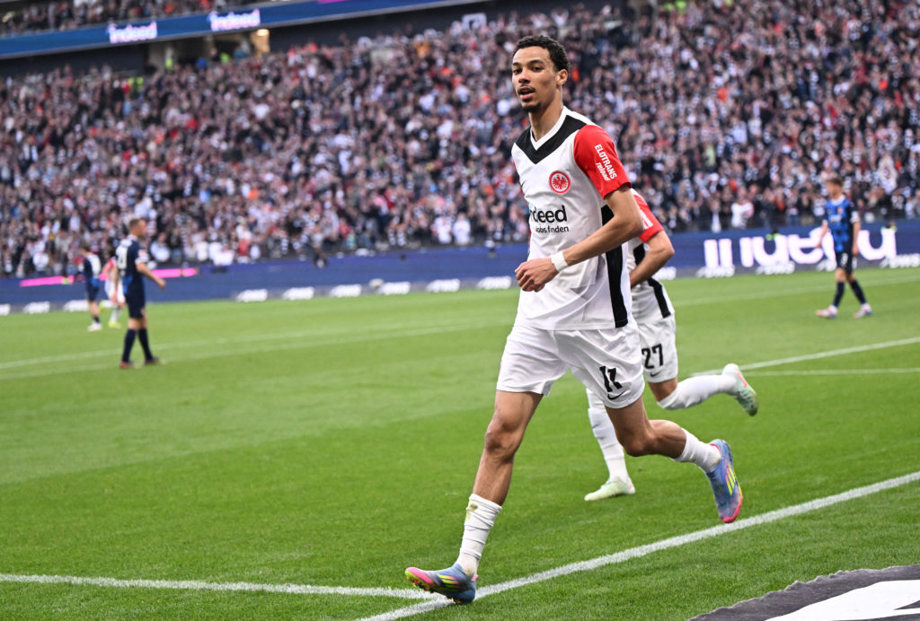 Hugo Ekitike celebrates scoring for Eintracht Frankfurt.