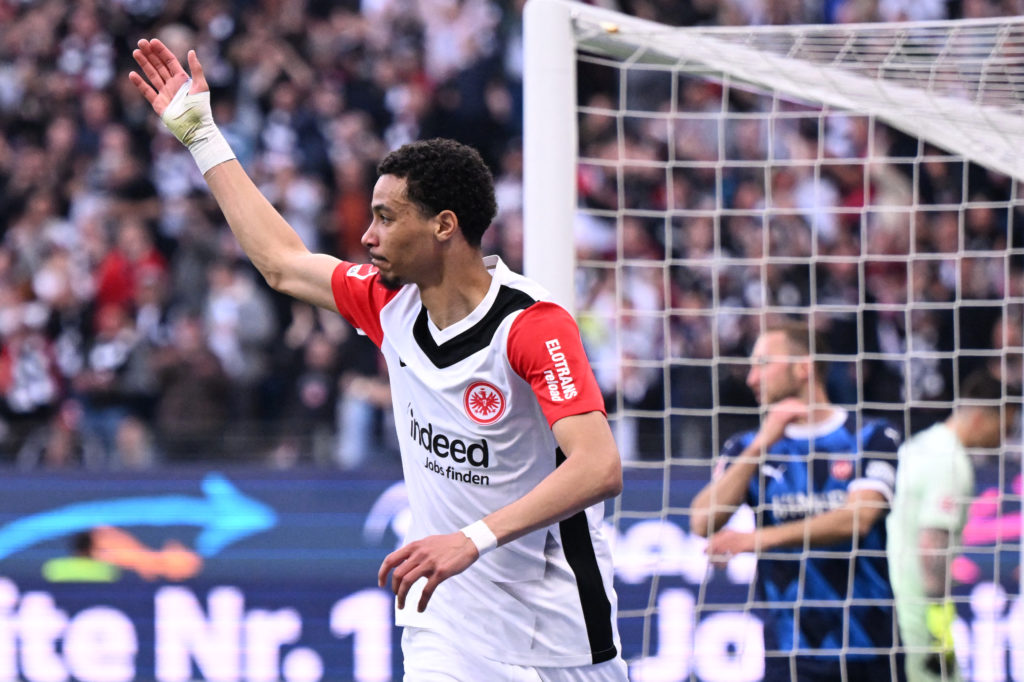 Hugo Ekitike celebrates scoring in the Bundesliga for Eintracht Frankfurt.