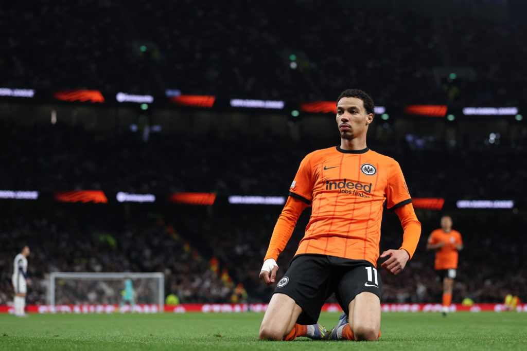Hugo Ekitike celebrates after scoring for Eintracht Frankfurt against Tottenham in the Europa League.