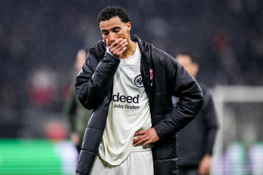Hugo Ekitike looks dejected after Eintracht Frankfurt are knocked out of the Europa League.