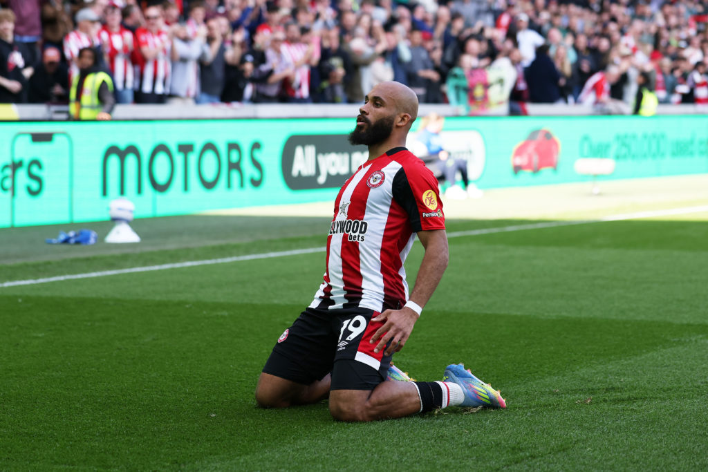Bryan Mbeumo celebrates after scoring in a Premier League game between Brentford and Brighton.