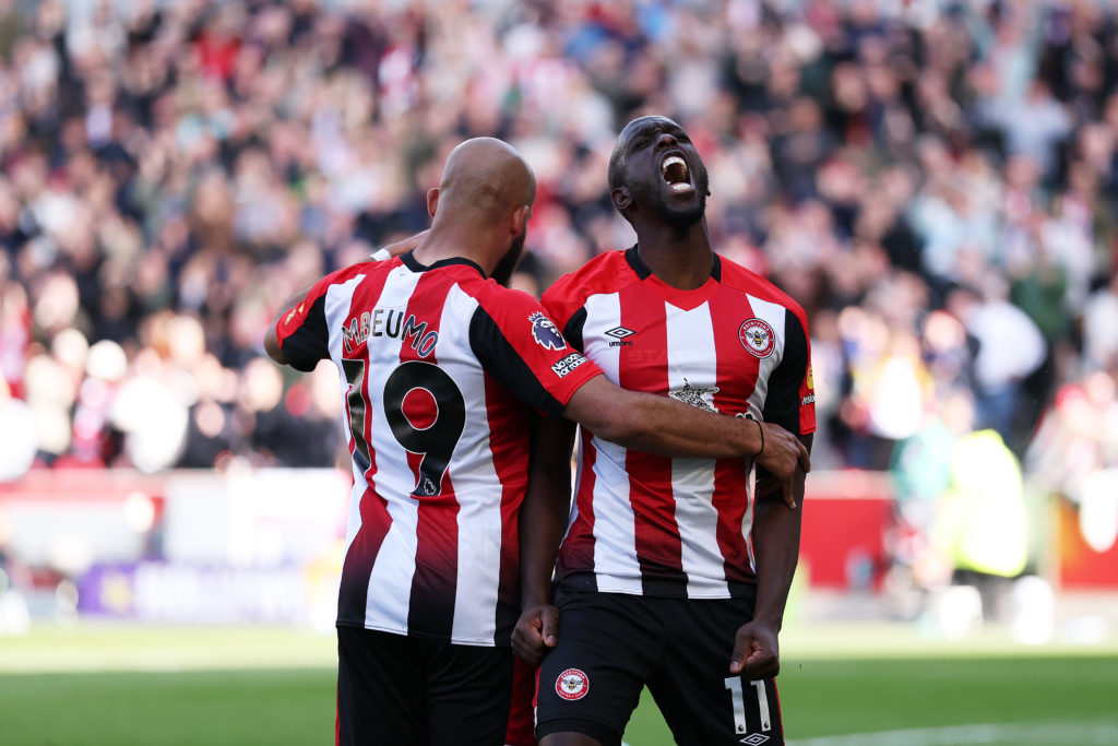Yoane Wissa celebrates scoring a goal for Brentford alongside Bryan Mbeumo.