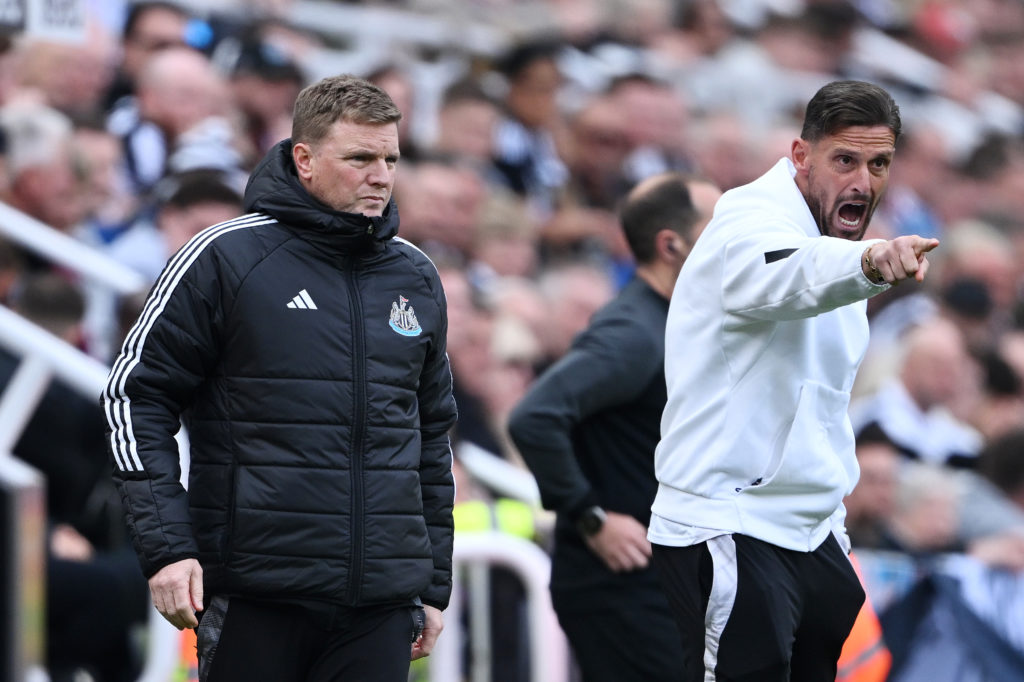 Eddie Howe and Jason Tindall on the touchline during a Premier League game between Newcastle United and Ipswich Town.