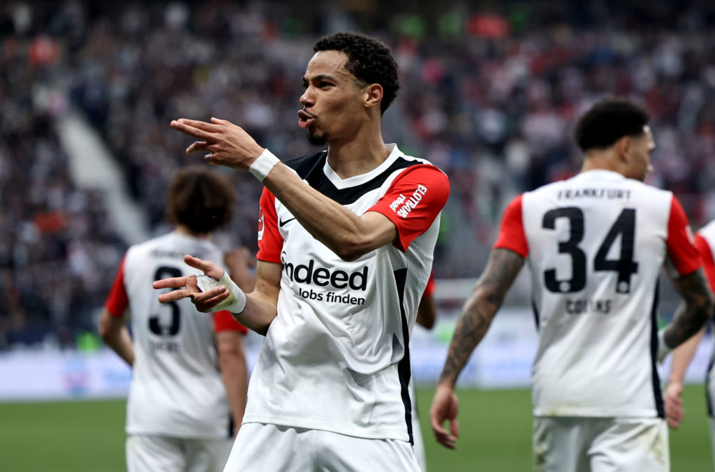 Hugo Ekitike celebrates after scoring in a Bundesliga game between Eintracht Frankfurt and RB Leipzig.