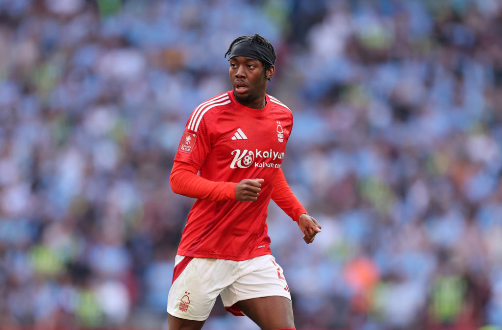 Anthony Elanga playing at Wembley in the FA Cup semi-final for Nottingham Forest against Manchester City.