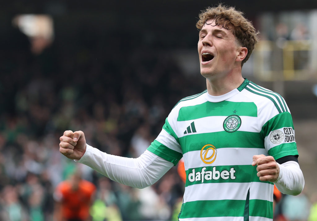Nicolas Kuhn celebrates after scoring in a Scottish Premiership game between Dundee United and Celtic.