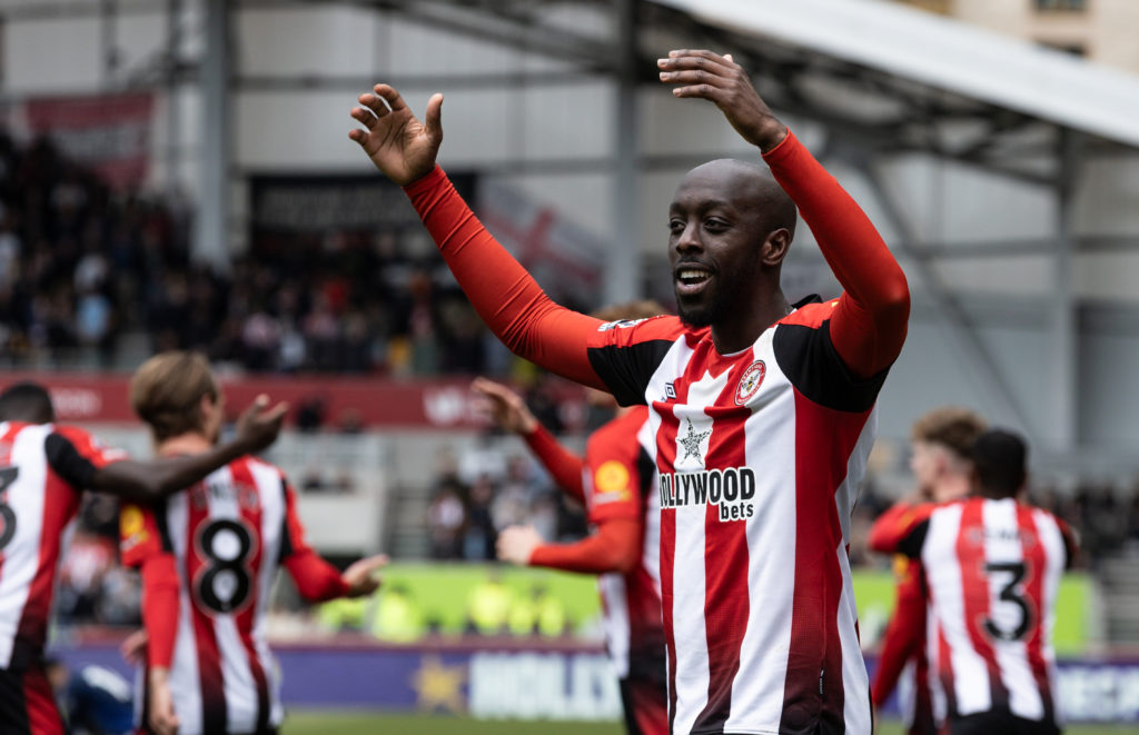 Yoane Wissa celebrates after scoring in a Premier League game between Brentford and Manchester United.