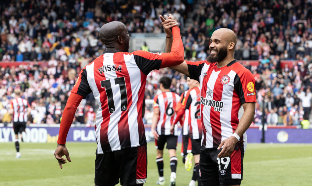Yoane Wissa celebrates with Bryan Mbeumo after a goal in a Premier League game between Brentford and Manchester United.