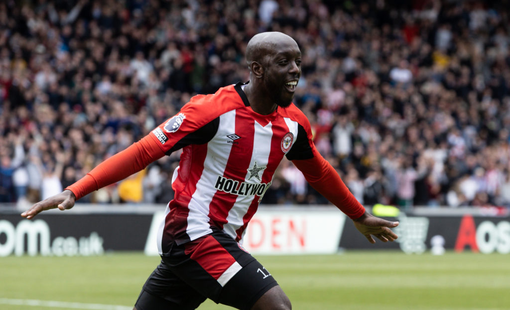 Yoane Wissa celebrates scoring for Brentford against Manchester United in the Premier League.