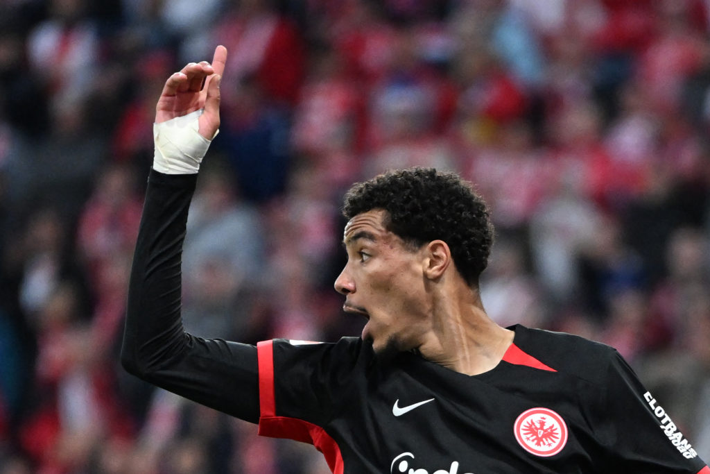 Hugo Ekitike reacts while playing for Eintracht Frankfurt in the Bundesliga.