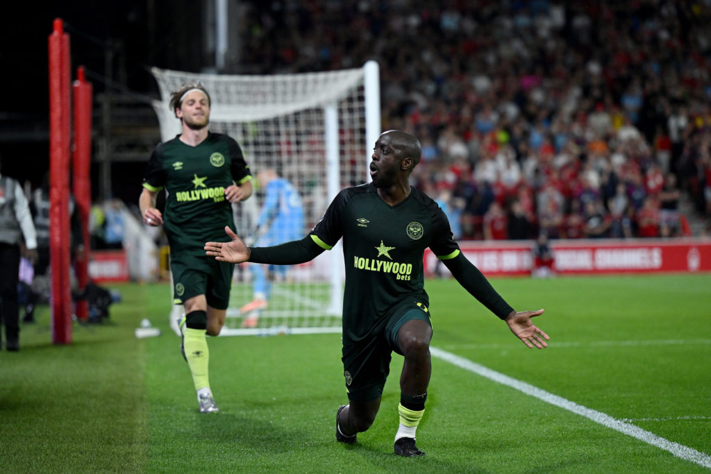 Yoane Wissa celebrates scoring for Brentford against Nottingham Forest.