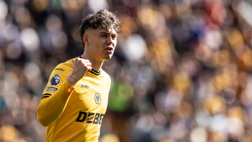 Jorgen Strand Larsen gestures during the Premier League match between Wolverhampton Wanderers FC and Brighton.