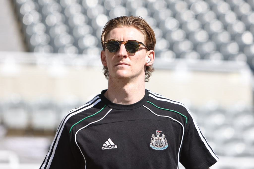 Anthony Gordon arrives at St James' Park ahead of a Premier League game between Newcastle United and Chelsea.