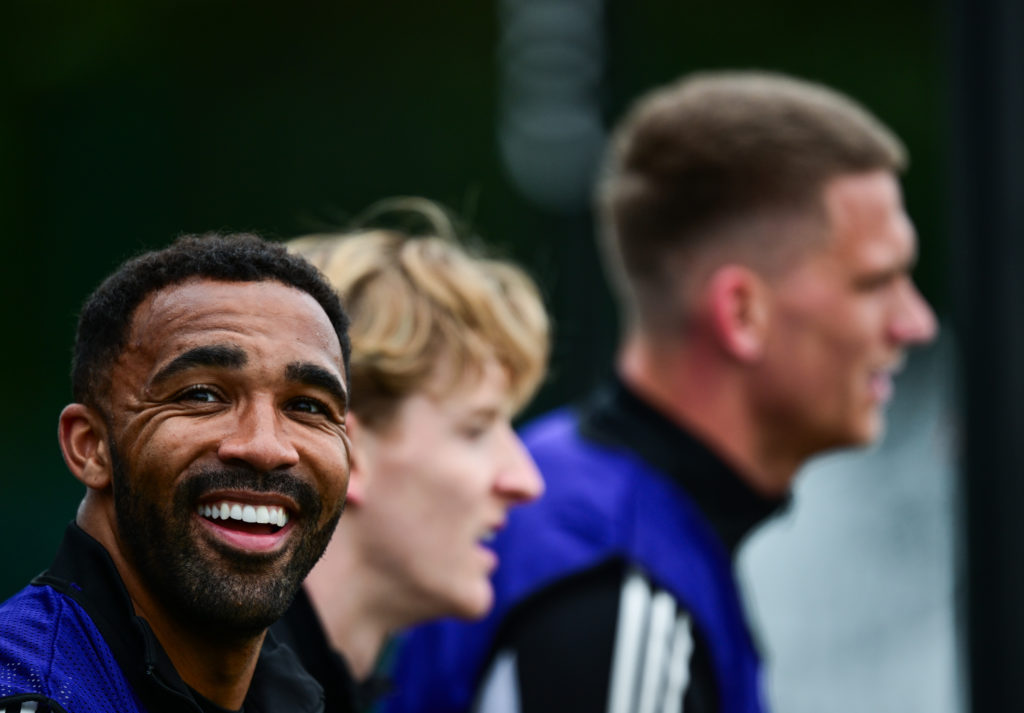 Callum Wilson smiles during a Newcastle United training session.