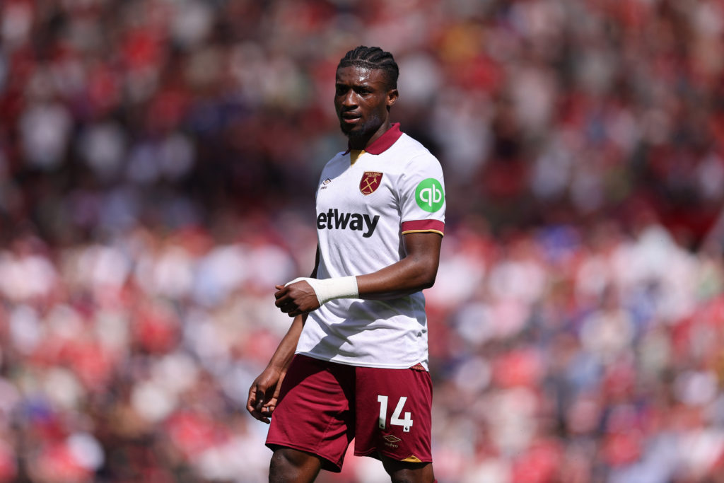 Mohammed Kudus playing for West Ham away to Manchester United in the Premier League.