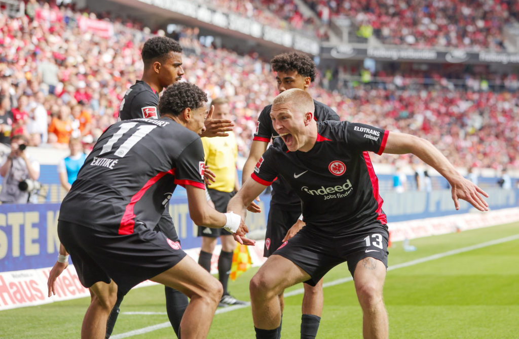 Hugo Ekitike celebrates after scoring in a Bundesliga game between Freiburg and Eintracht Frankfurt.