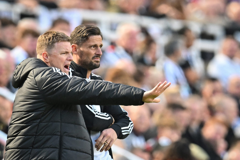 Eddie Howe and Jason Tindall look on during a Premier League game between Newcastle United and Everton.