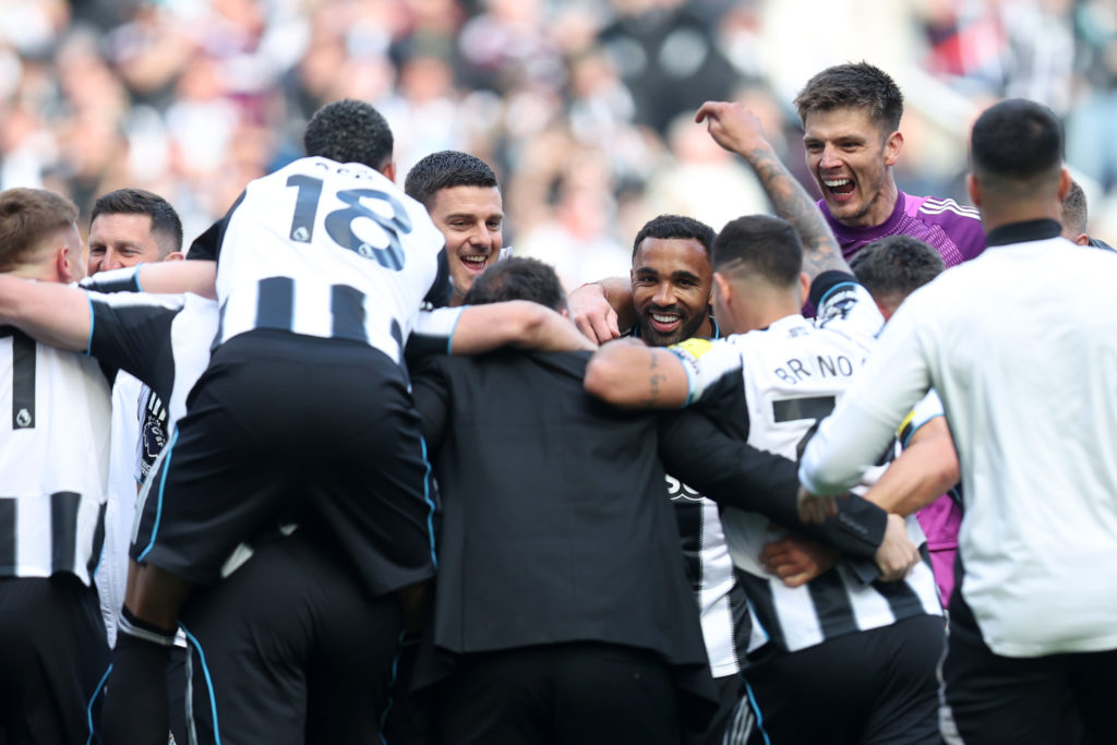 Callum Wilson celebrates with his Newcastle United teammates after qualifying for the Champions League.