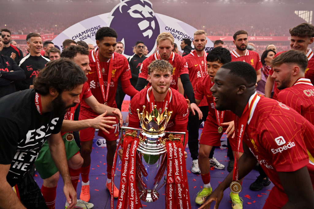 Harvey Elliott lifts the Premier League trophy alongside his Liverpool teammates.