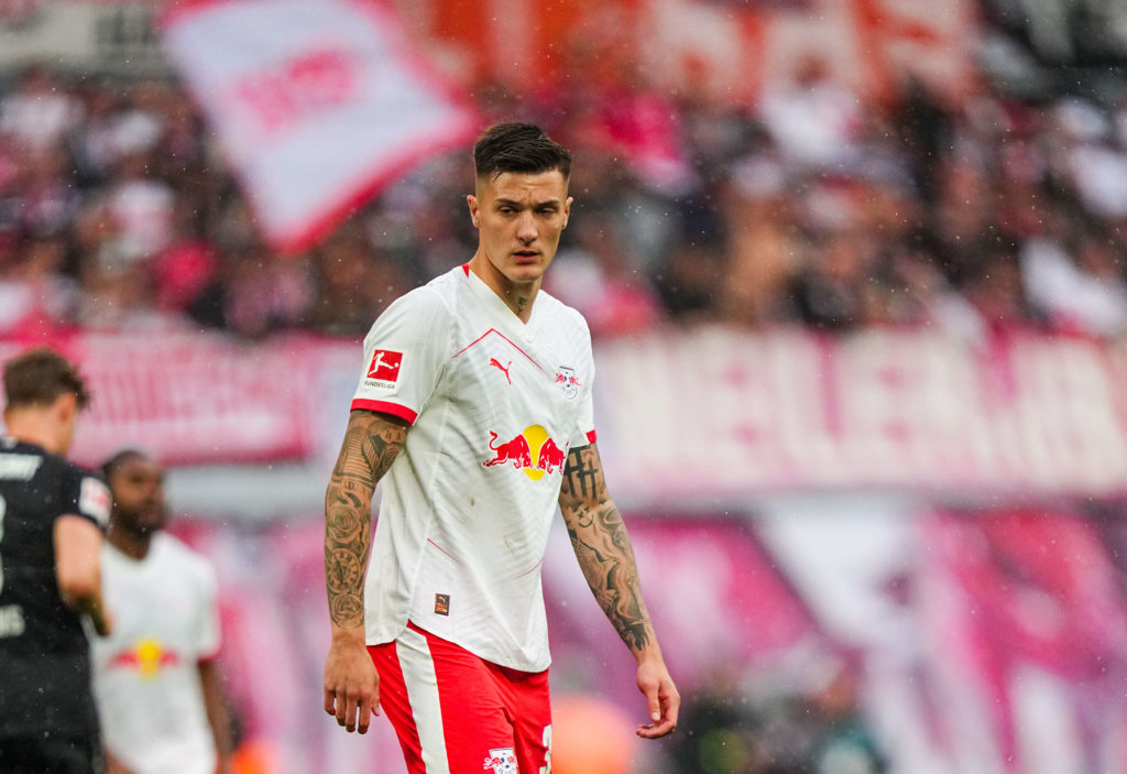 Benjamin Sesko looks on during RB Leipzig's Bundesliga game against Stuttgart.